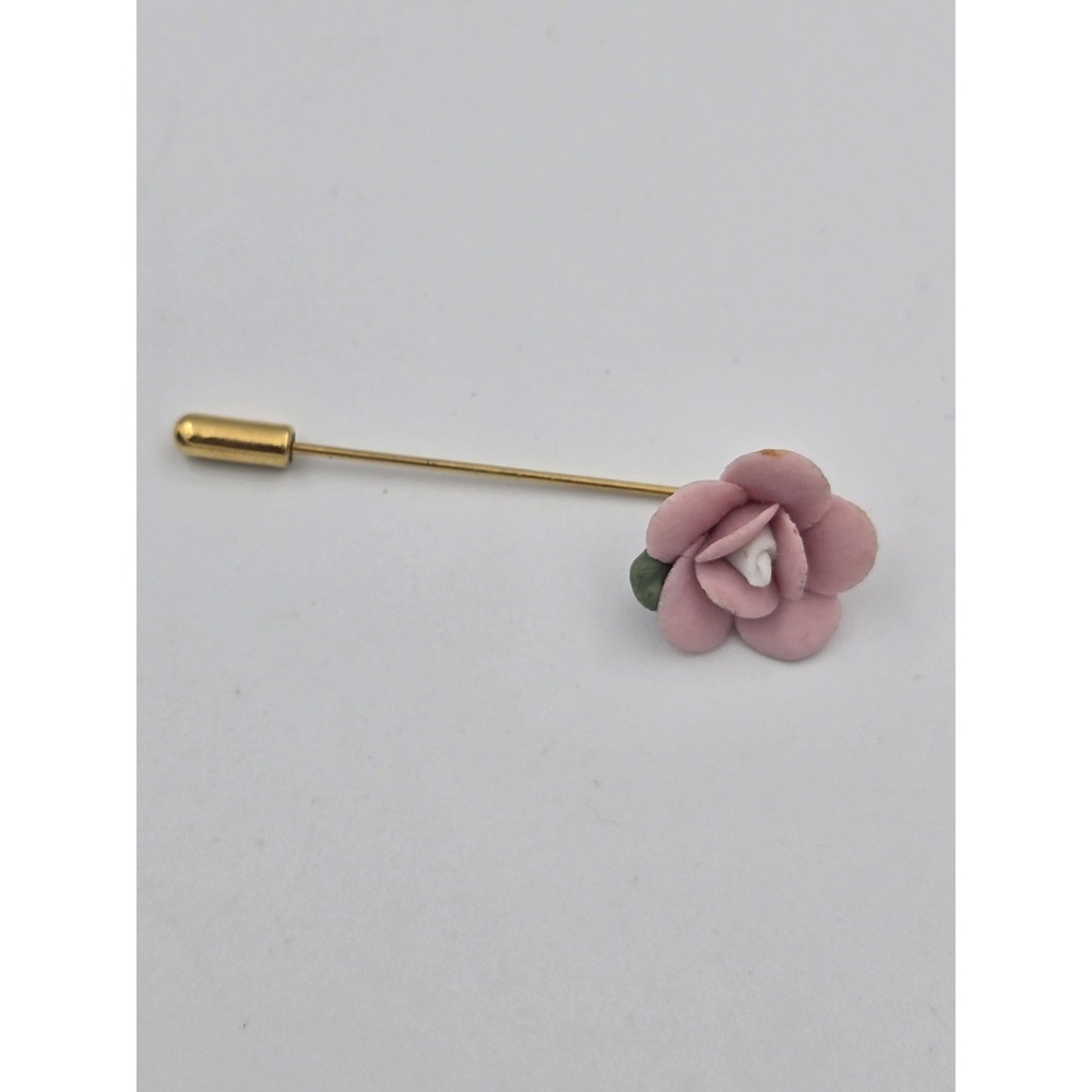 Vintage Style Pink Porcelain‎ Rose Flower Gold Tone Stick Lapel Hat Pin Brooch